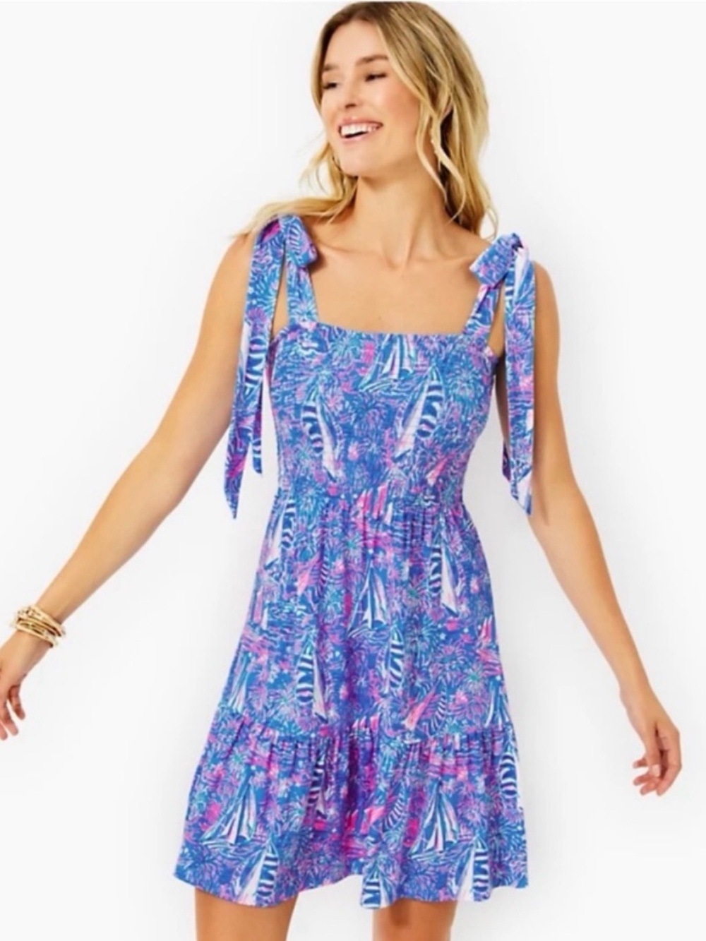 Lilly Pulitzer Kailua Smocked Blue & Pink Tie-Shoulder Dress - Women’s XS